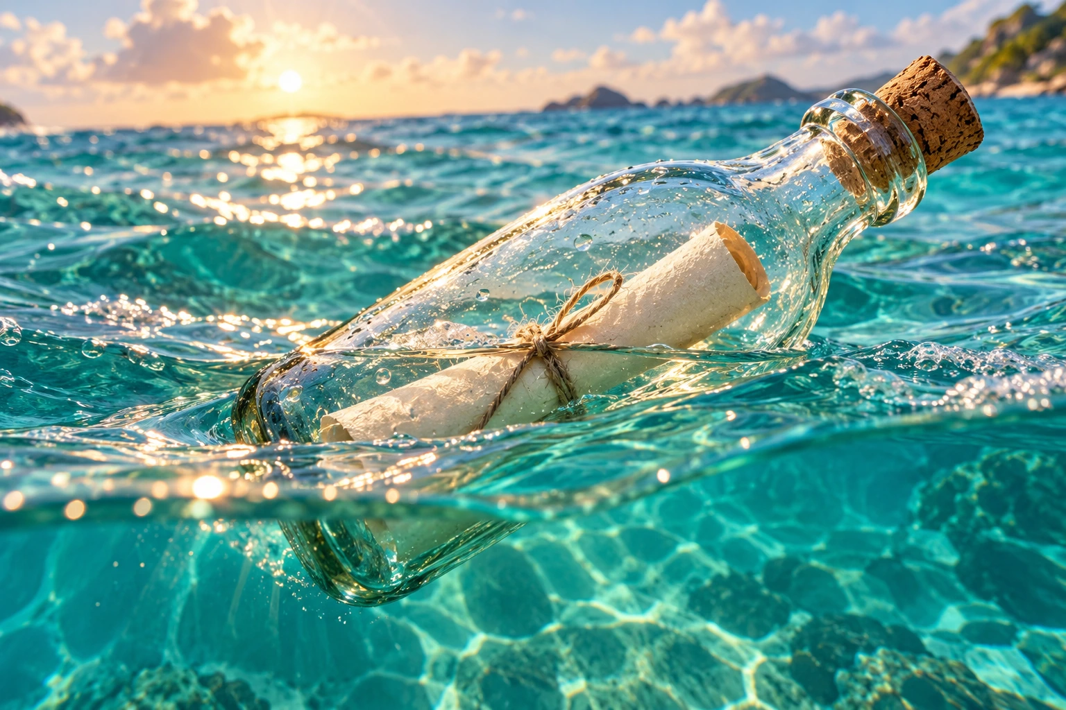 Glass bottle floating in turquoise water